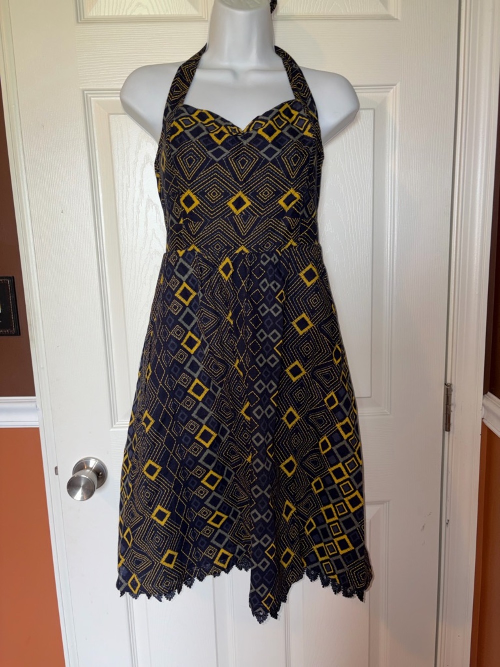 Anthropologie Edme & Esyelle Rhythmic Repetition Dress, Navy & Gold, Size 6